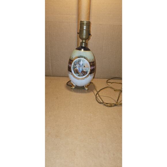 Vintage German Hand Painted Porcelain Lamps Victorian Garden Party Scene - Picture 2 of 4